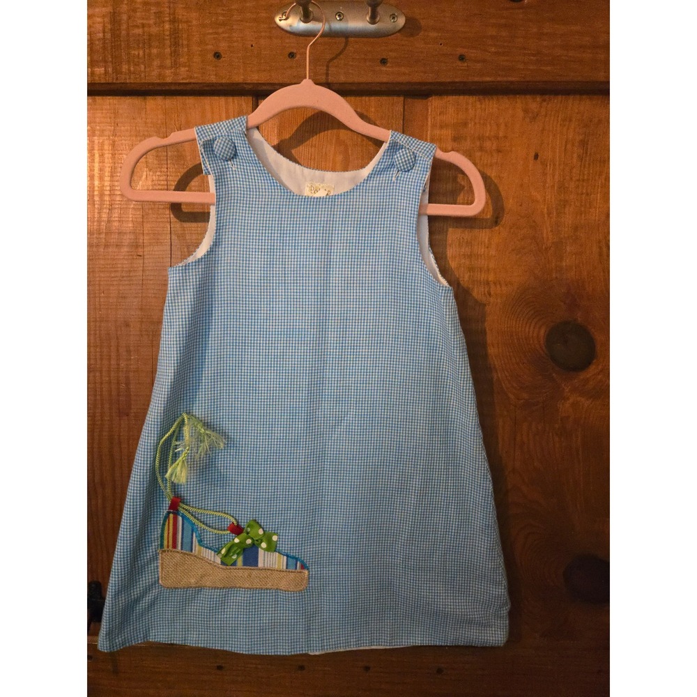 POTATO SAKS Girls Blue Gingham Beach Applique Jumper Dress Size 5 Made in USA